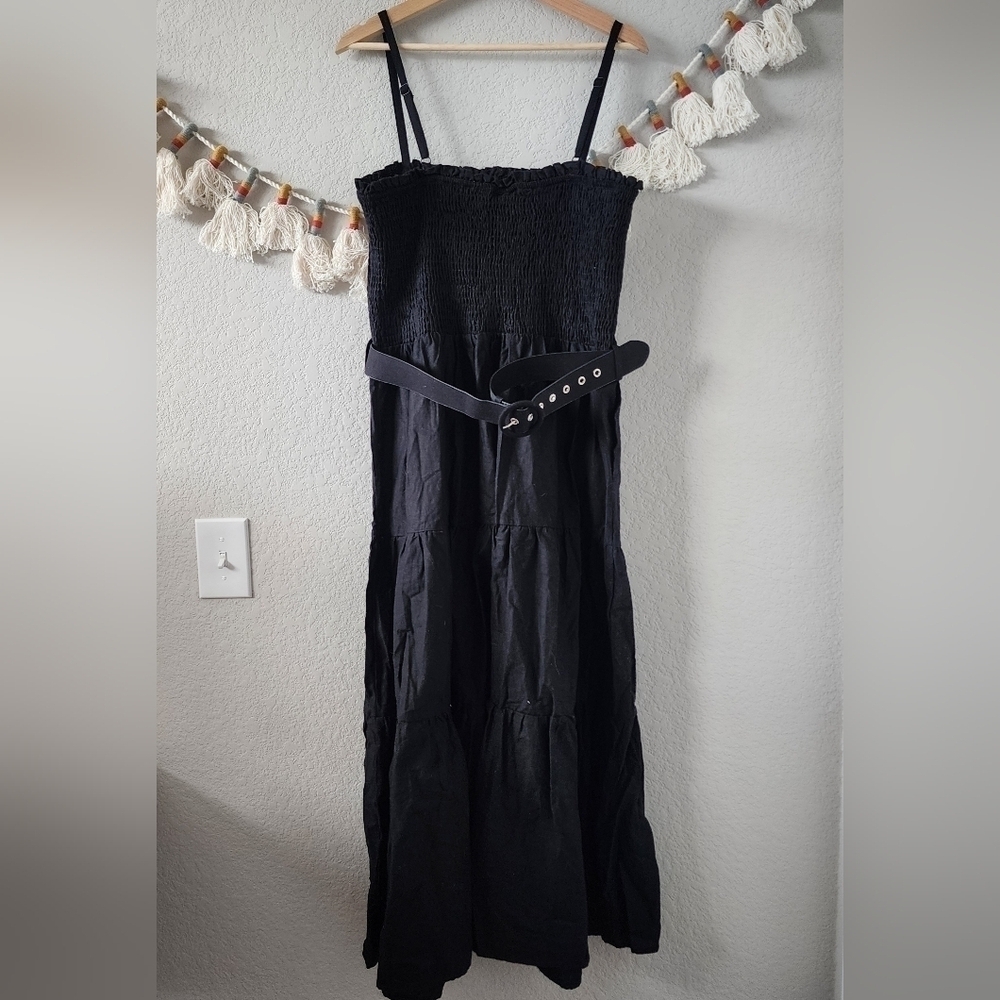 City Chic Linen Tiered Black Smocked Sleeveless Maxi Dress Beach Lagenlook 18